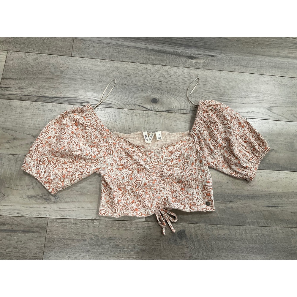 Roxy Women Cream Terracotta Paisley Smocked Puff Sleeve Crop Top Large